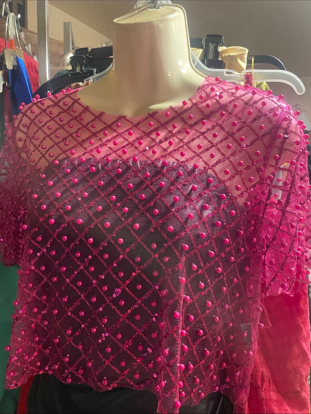 Fuchsia Beaded Mesh Crop Top